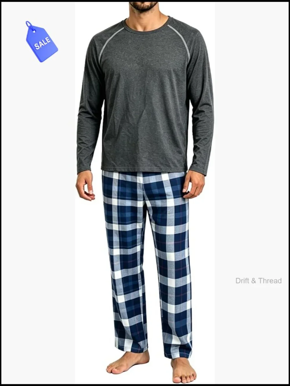Men's Pajama Set Long Sleeve Tee with Cozy Plaid Pants Sleepwear